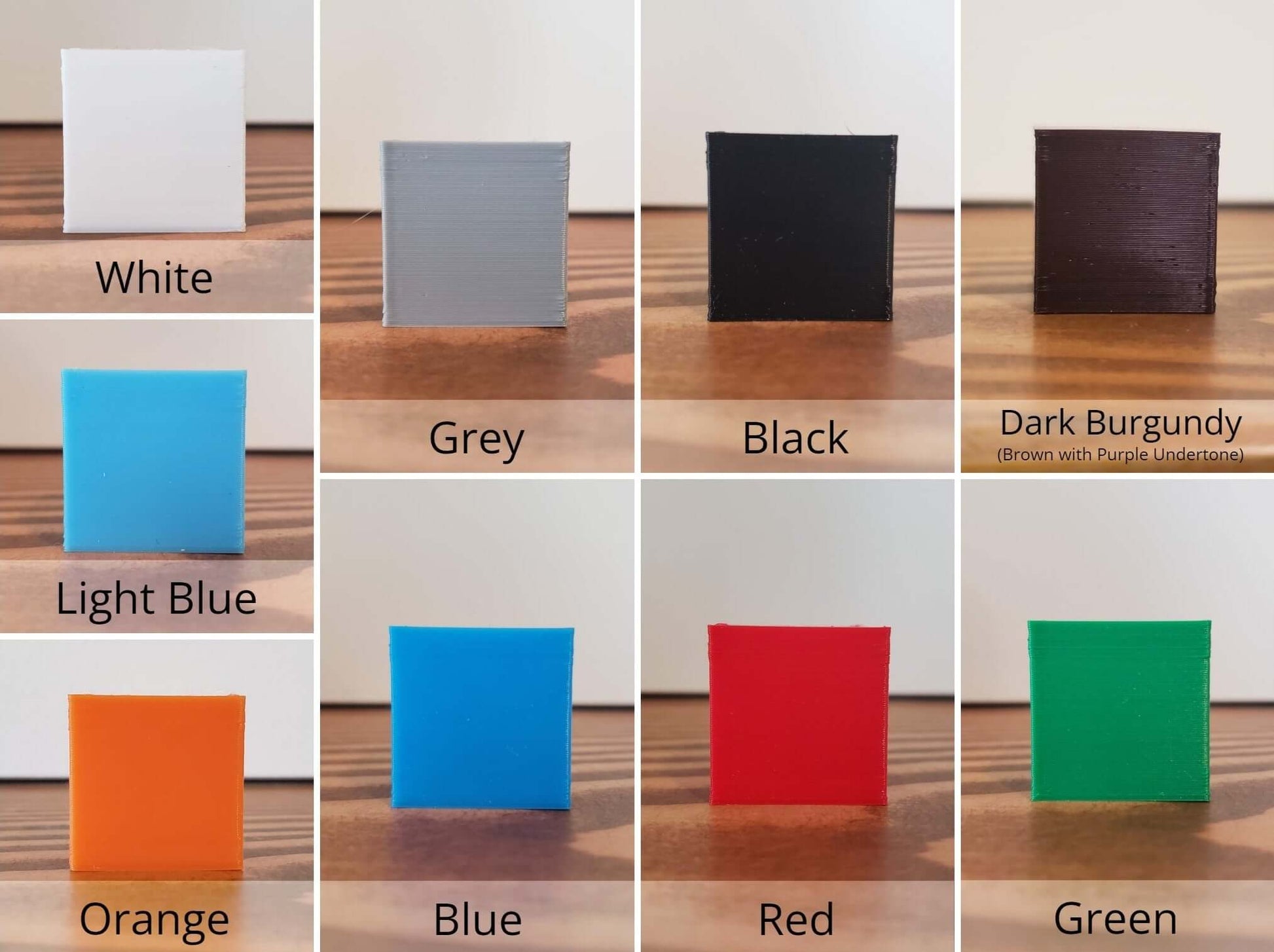 Chart of various colors available to select for 3D printed products